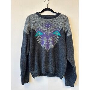 Vintage Concrete Sweater Mens Medium Gray Aztec Geometric Knit Hong Kong 80s